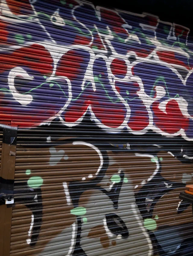 Red, purple and white graffiti letters across a metal shutter, above a brown character with green spots.