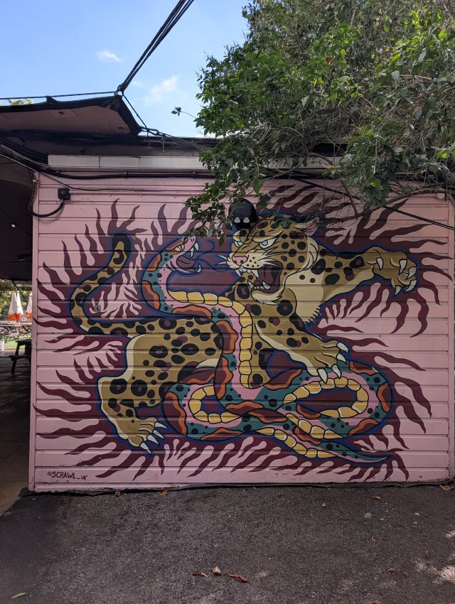 A snarling leopard wrestling a snake, in tattoo style against a burst of red flames, on a pink wooden wall.
