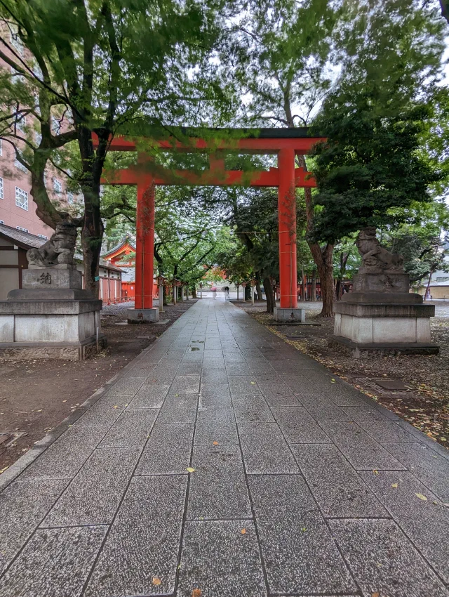 A red torii over a wet stone path lined with trees, with stone guardian lions on plinths either side and more red shrine buildings at the far end.