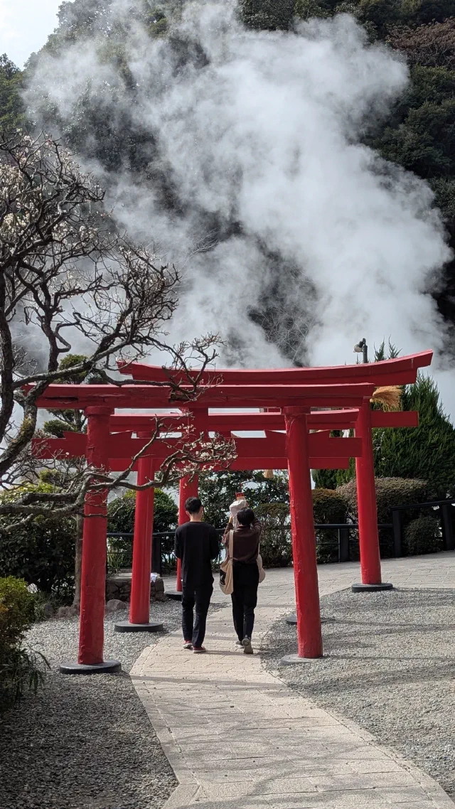 A row of red torii along a path, with two people walking through them and a huge plume of white steam rising from the hillside behind, framed by bare branches.