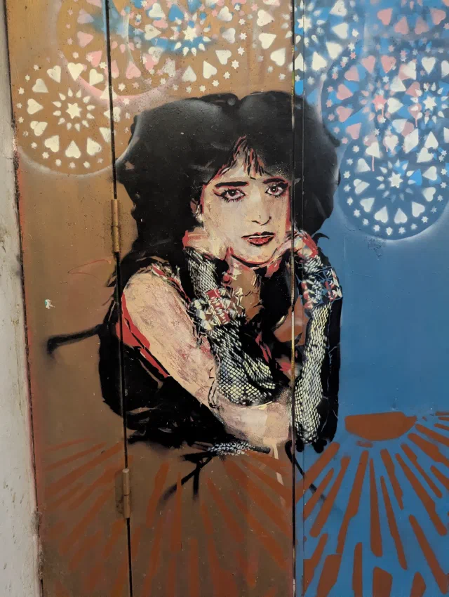 Stencil of a woman with dark curly hair, resting her chin on her hand, on old wooden doors painted with lace patterns.