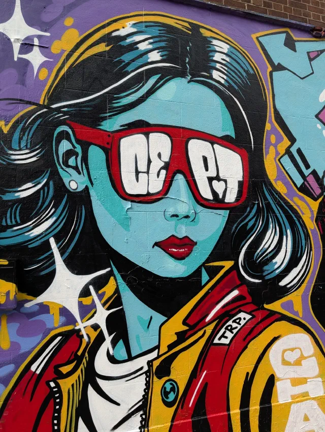 A blue-skinned woman with red lips, red sunglasses and a racing jacket, with white sparkles around her.
