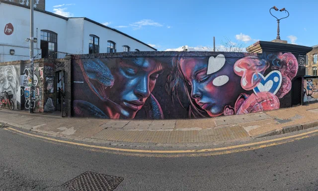 Panorama of a long street wall painted with women's faces in deep blues and reds, with pink hearts.