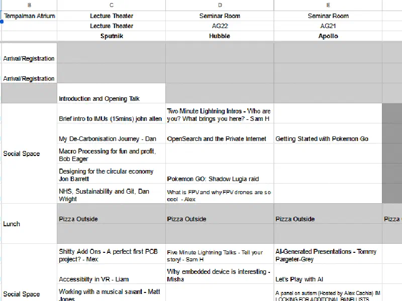 The BarCamp Canterbury talk schedule grid as a spreadsheet