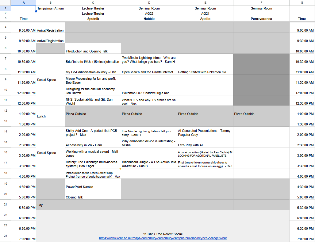 A screenshot of a google sheets spreadsheet that was used as the schedule at BarCamp Canterbury.