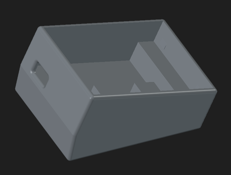 FreeCAD 3D render of the emailkb stand on a dark background, showing the angled base with clip features that hold the PCB in place.