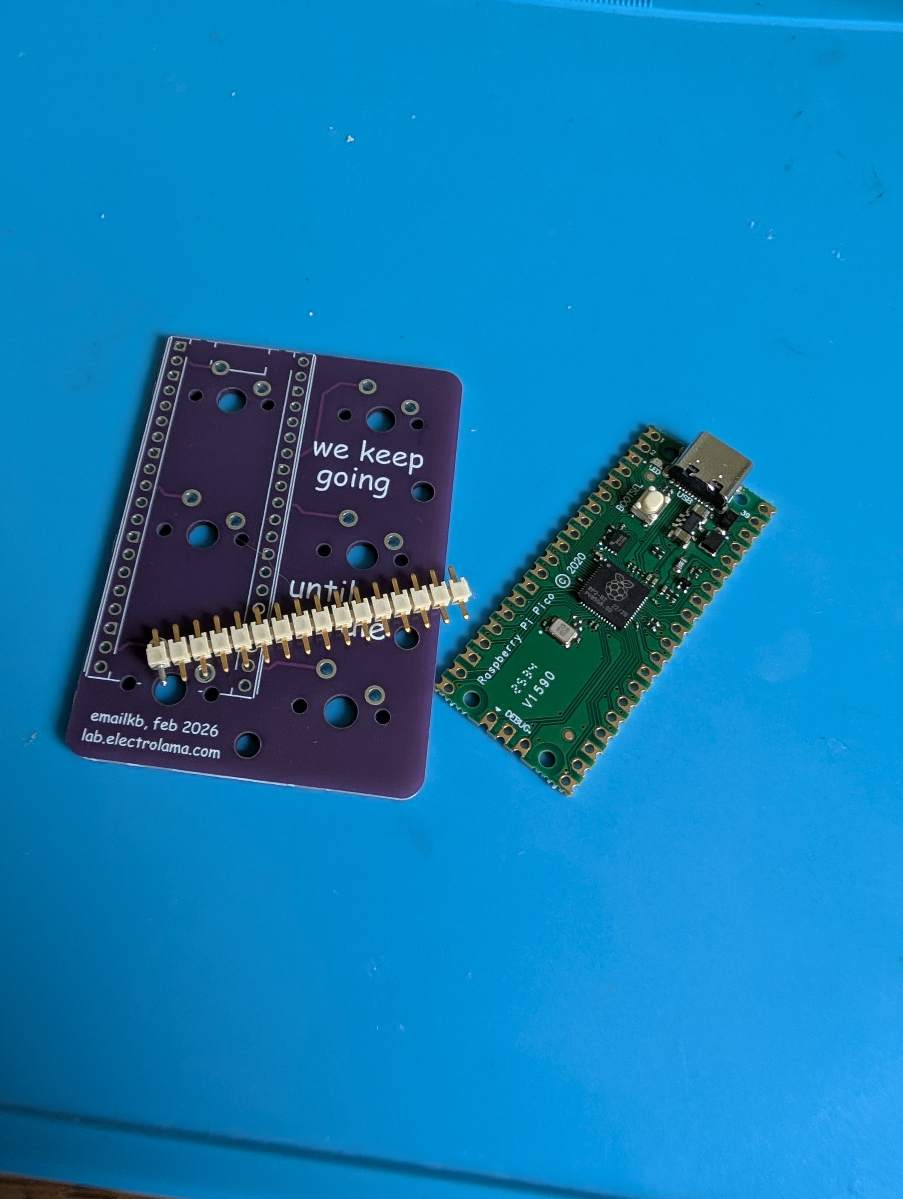 Purple emailkb PCB back on a blue surface showing the silkscreen text 'we keep going until we die', with a gold header pin strip and bare Raspberry Pi Pico laid beside it, ready for assembly.