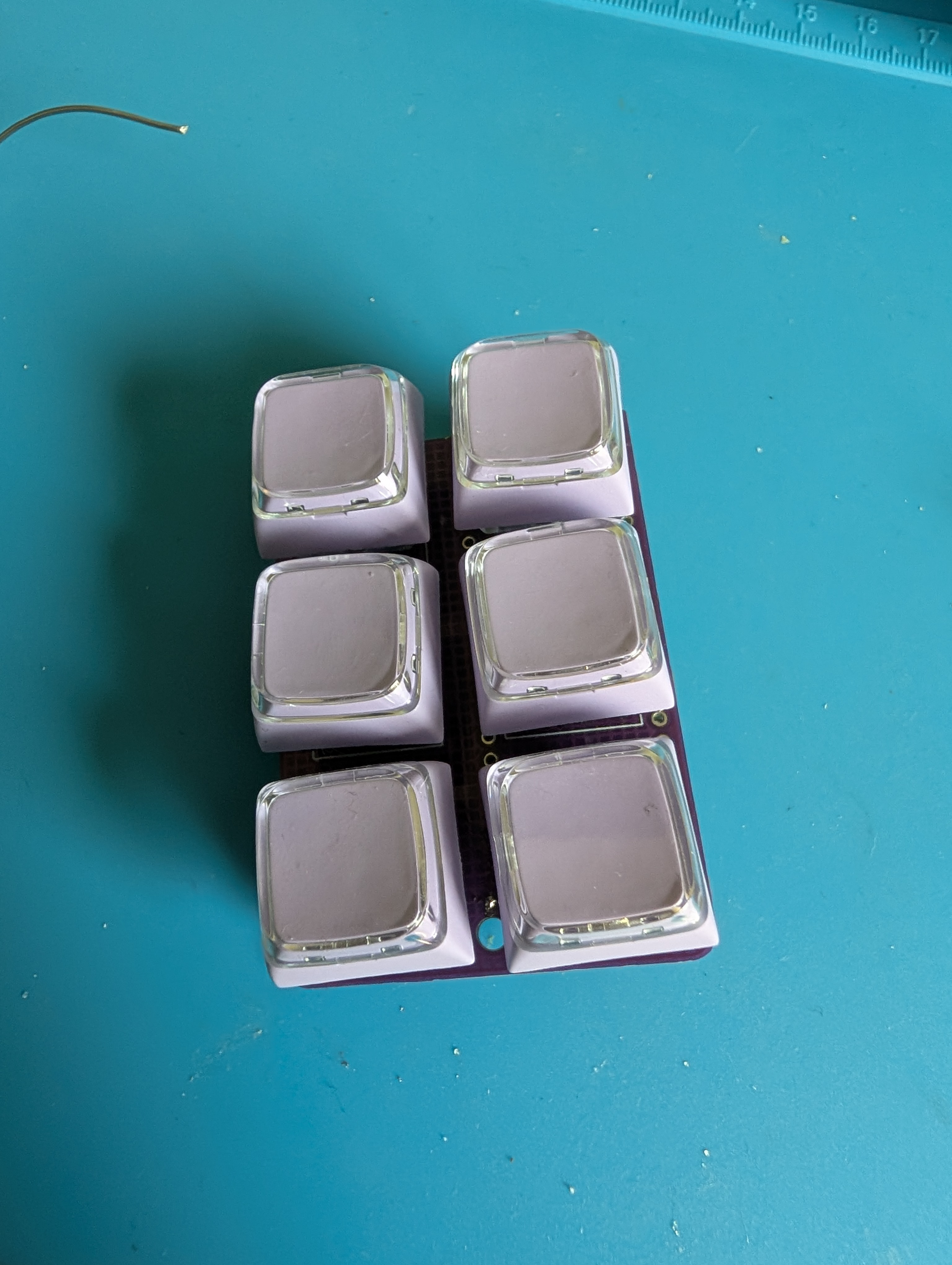 Six assembled mechanical keyboard switches fitted with lavender keycaps with clear tops, viewed from the front on a teal work mat.