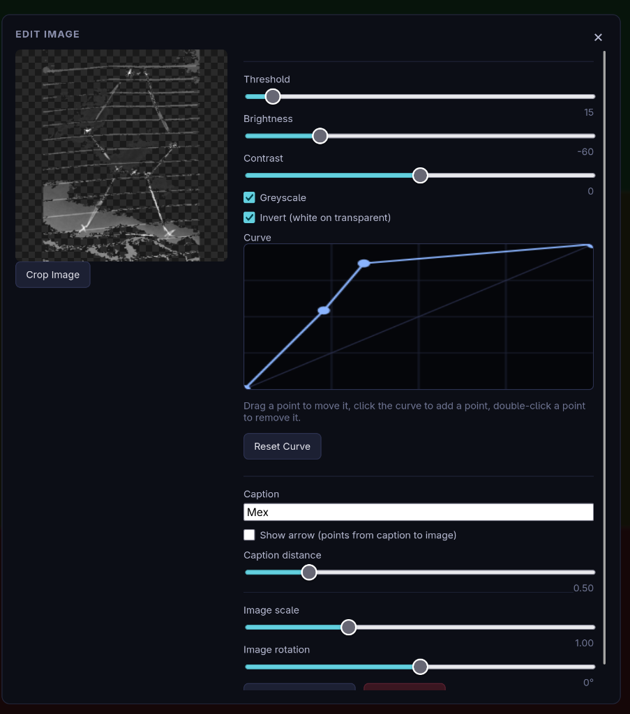 The Image Editor modal displaying threshold, brightness, contrast, and custom curve settings.