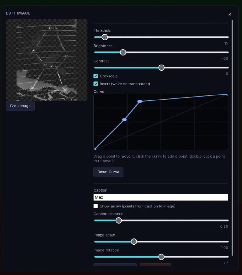 The Image Editor modal displaying threshold, brightness, contrast, and custom curve settings.