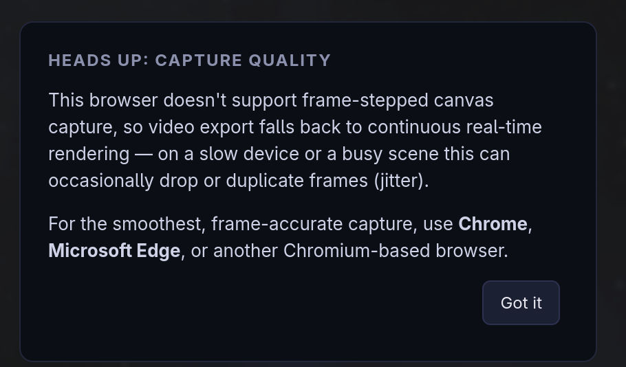 The capture quality warning dialog displayed to Firefox users.