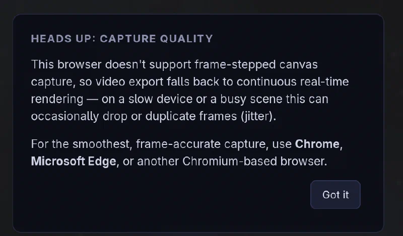 The capture quality warning dialog displayed to Firefox users.