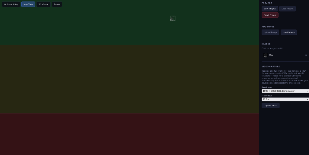 The Planetarium Dome Viewer interface showing the color-coded visibility zones.