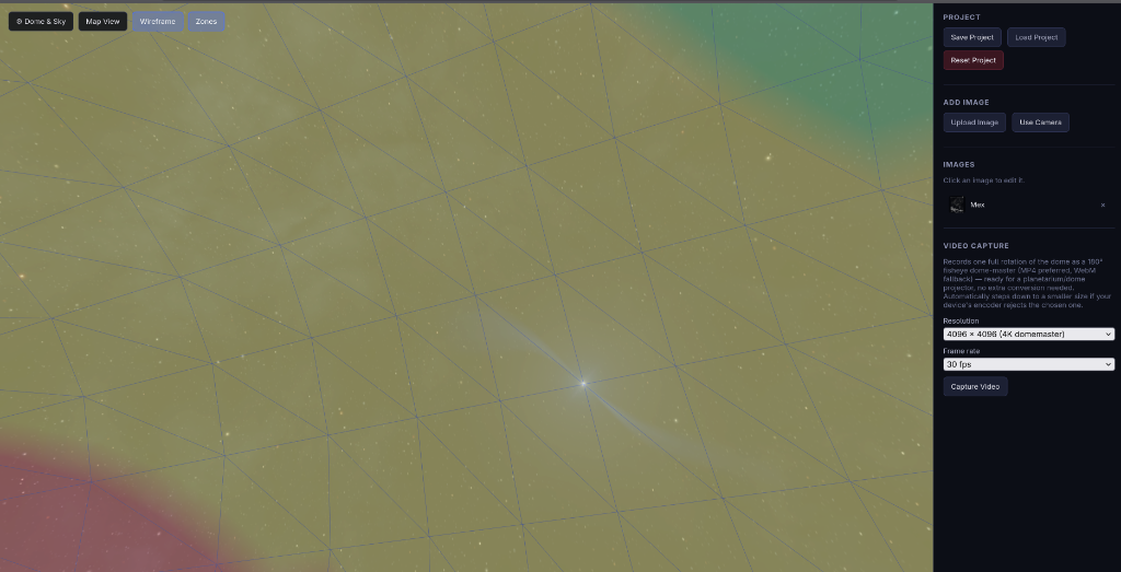 The 3D preview dome displaying the triangular mesh wireframe and visibility zones overlaid on the starfield background.