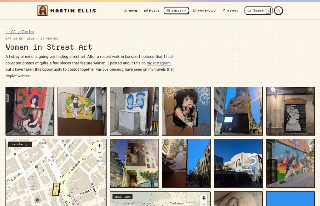 The Women in Street Art gallery: a row of square street art photos, then a larger map of Fukuoka labelled fukuoka.gpx with numbered pins, among more photos.