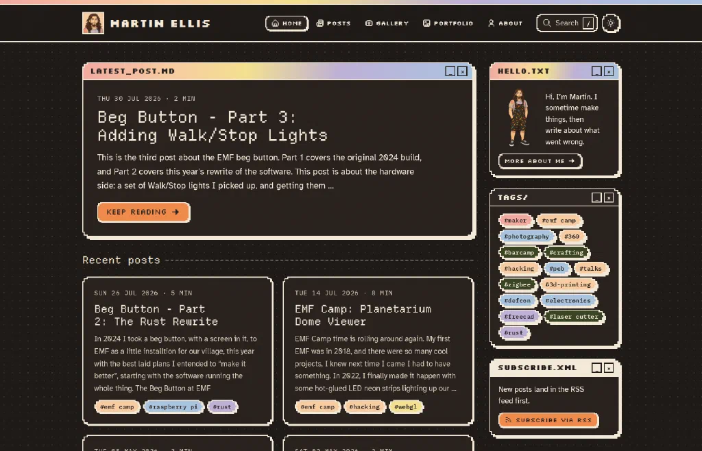 The same home page in dark mode, with dark brown windows, pastel tag pills and orange buttons.