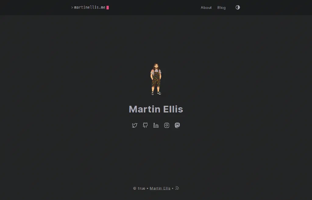 The old home page in dark grey: a terminal-style martinellis.me logo with a pink cursor, About and Blog links, and a small pixel-art figure of me in dungarees above my name and five social icons.