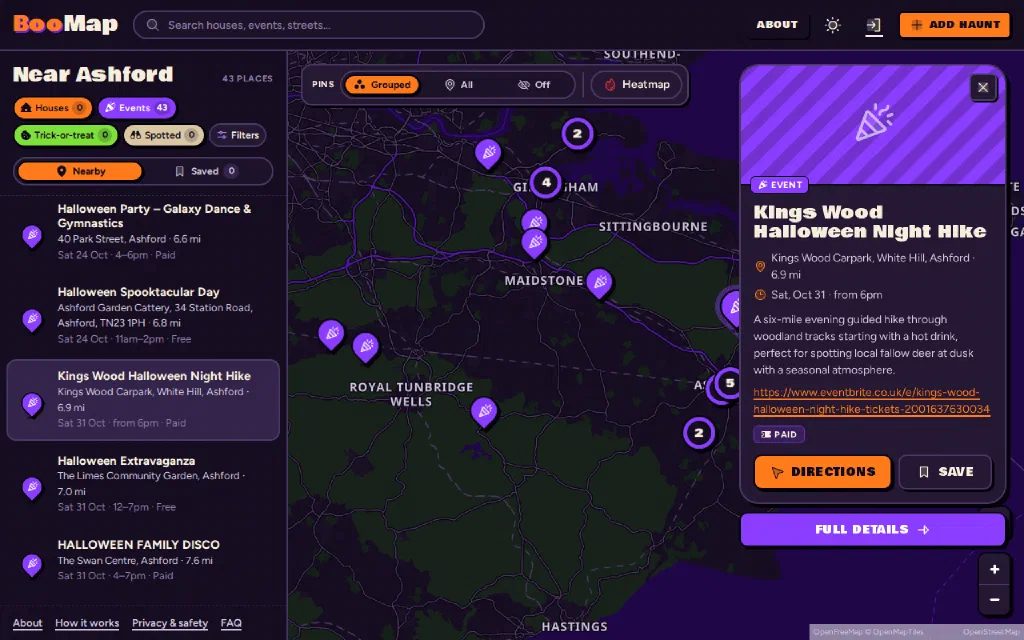 An event card for the Kings Wood Halloween Night Hike, showing the location, date, description, ticket link and Directions and Save buttons.