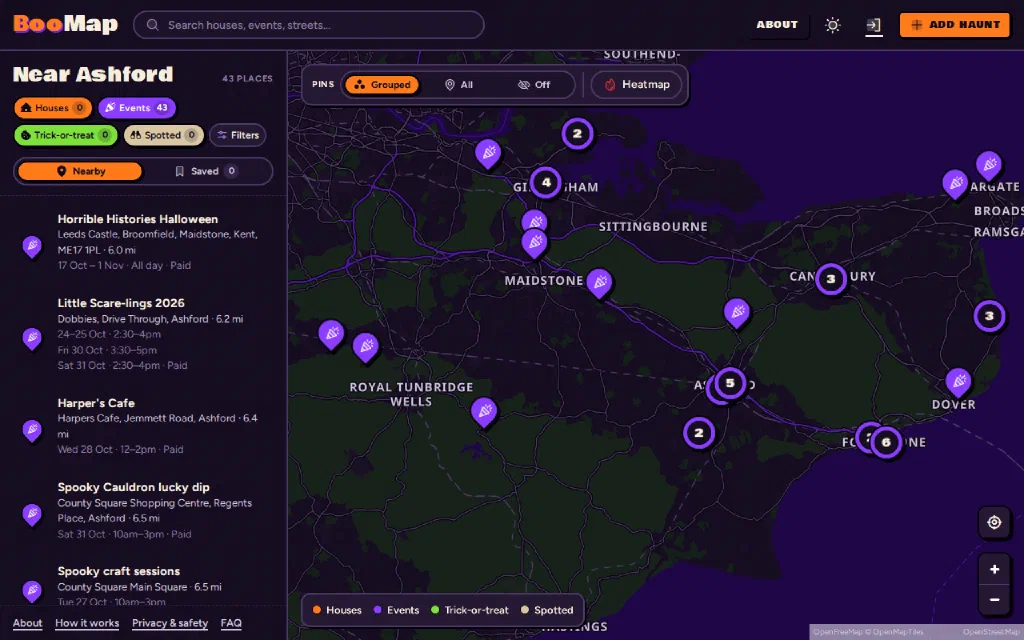 BooMap in dark mode showing a list of Halloween events near Ashford on the left and a map of Kent covered in purple event pins and numbered clusters.