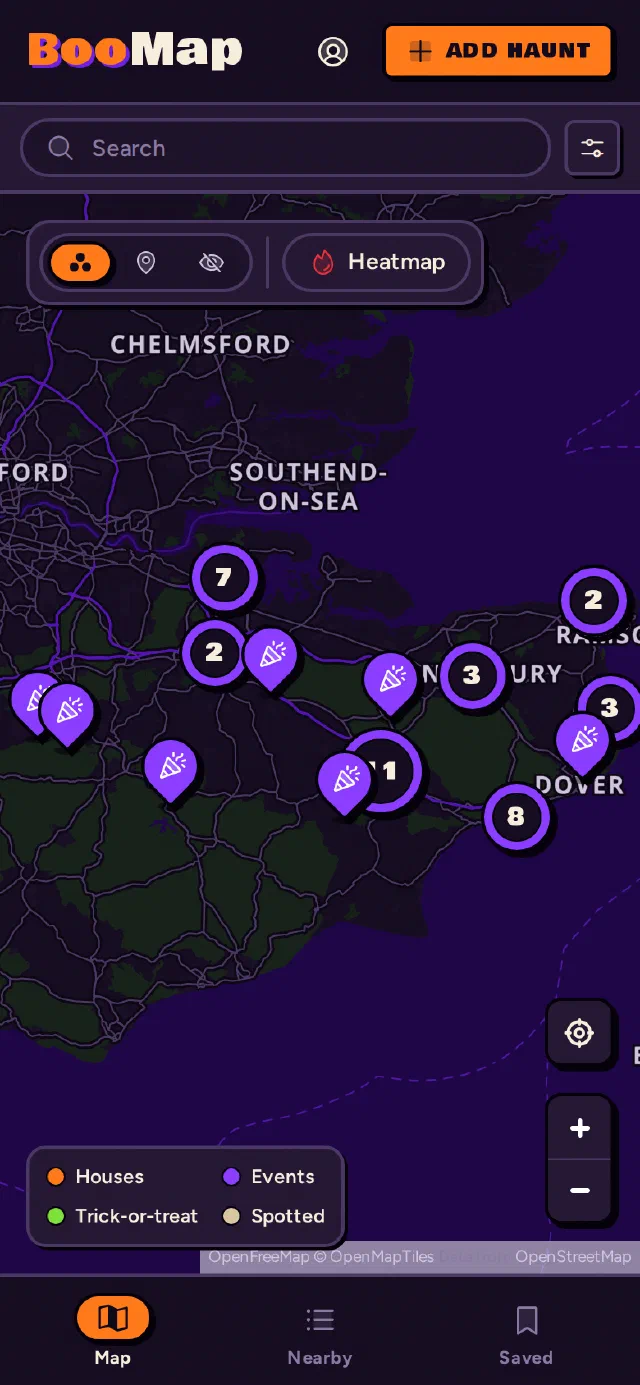 BooMap on a phone, with the map of Kent filling the screen and Map, Nearby and Saved tabs along the bottom.