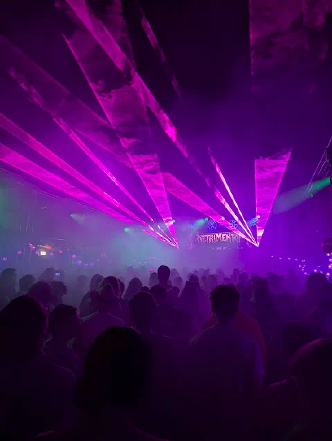 Pink laser beams fanning out through the smoke over a packed crowd, with a DETRIMENTAL banner on the stage.