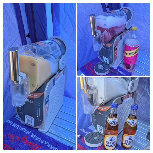 Three photos of a Ninja slushie machine on a table in a blue-lit tent: full of orange slush, then pink slush beside a bottle of Schweppes raspberry lemonade, then white slush behind two bottles of Club-Mate.