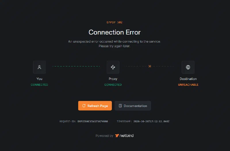 NetBird's Error 502 Connection Error page, showing You and Proxy as connected and the Destination as unreachable