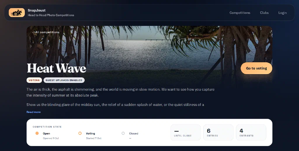 The Heat Wave competition page, with a beach photo as its banner, a Go to voting button, the theme description, and a timeline showing it opened on 9 July and started voting on 7 October, with 6 entries from 4 entrants.