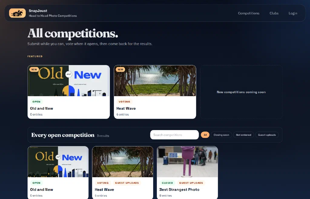 The SnapJoust competitions page, with featured Old and New and Heat Wave cards, and a searchable list of every competition marked open, voting or closed.