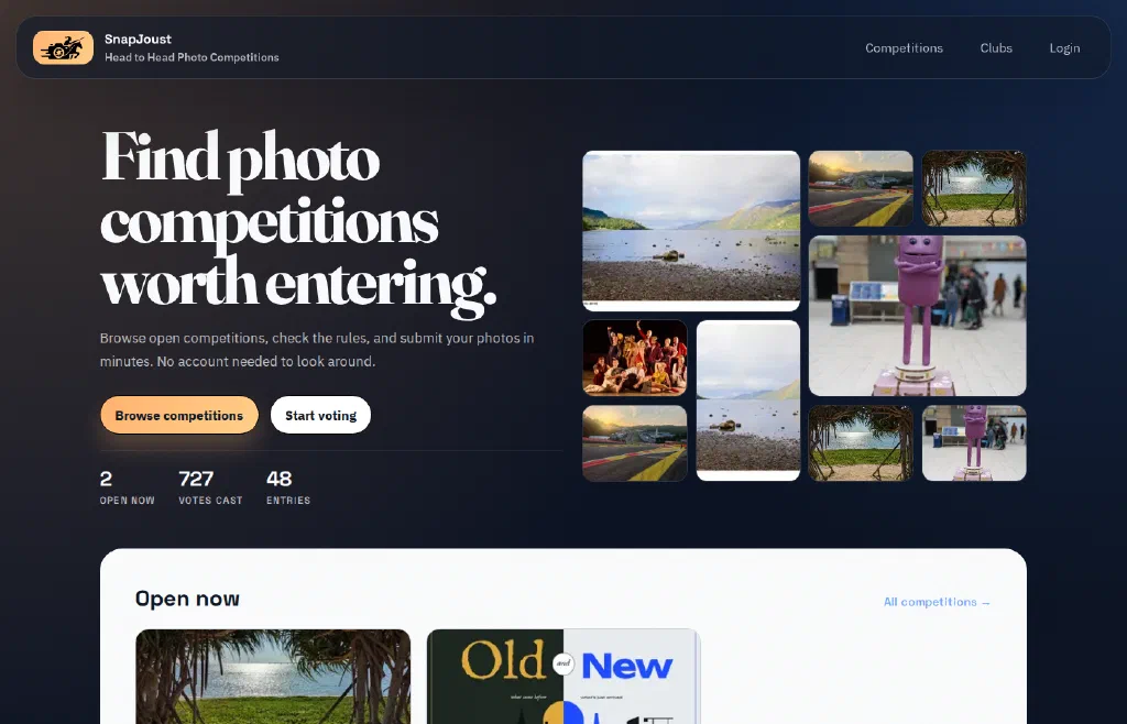 The SnapJoust home page in dark mode, with the headline "Find photo competitions worth entering", Browse competitions and Start voting buttons, counts of open competitions, votes and entries, and a collage of entered photos.