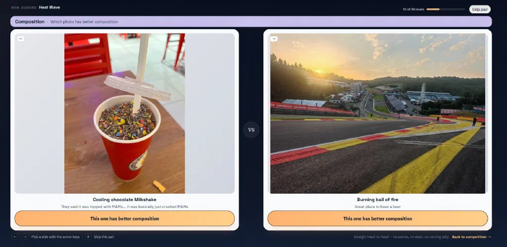 The SnapJoust voting screen for the Heat Wave competition, asking which photo has better composition: a cup of chocolate milkshake buried in crushed M&Ms on the left, and a sunset over a race track with red and yellow kerbs on the right, each with a This one has better composition button, and a progress bar showing 10 of 30 duels.