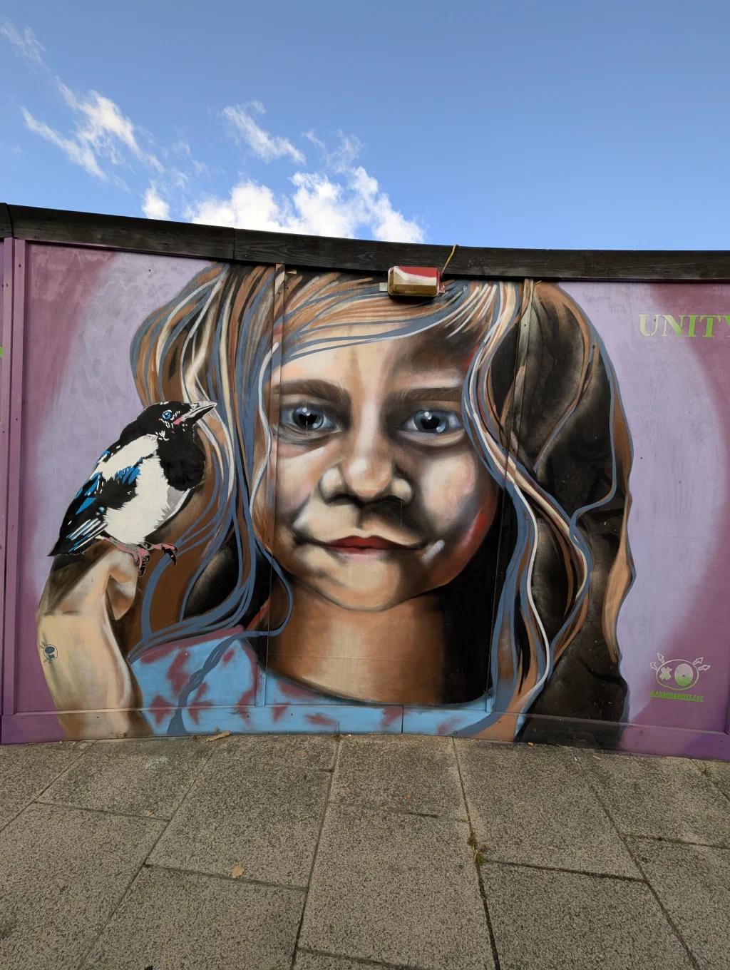 A girl with long brown hair and a magpie perched on her hand, on a purple background with the word UNITY.