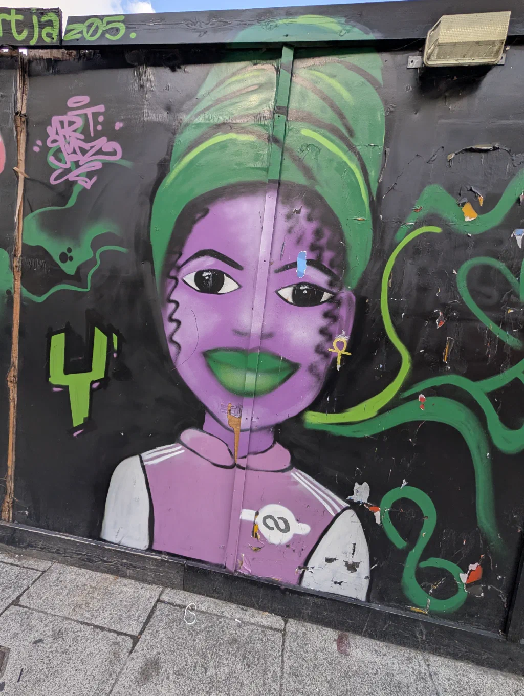 A cartoon woman with a purple face, green lips and a green head wrap, among green swirls.