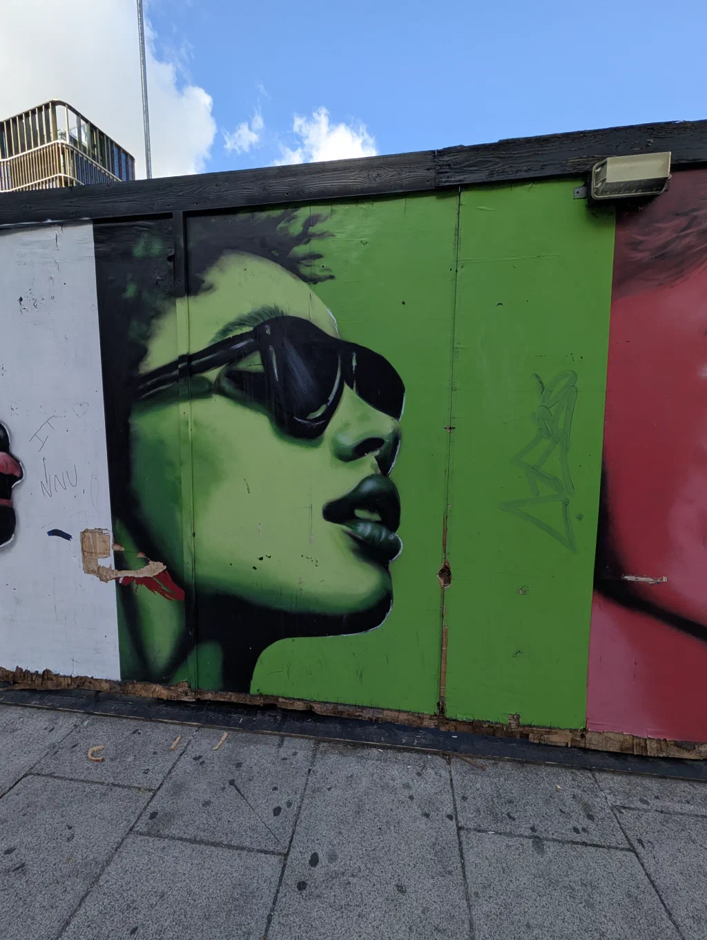 A woman in profile with a green face and black sunglasses, on a green panel.