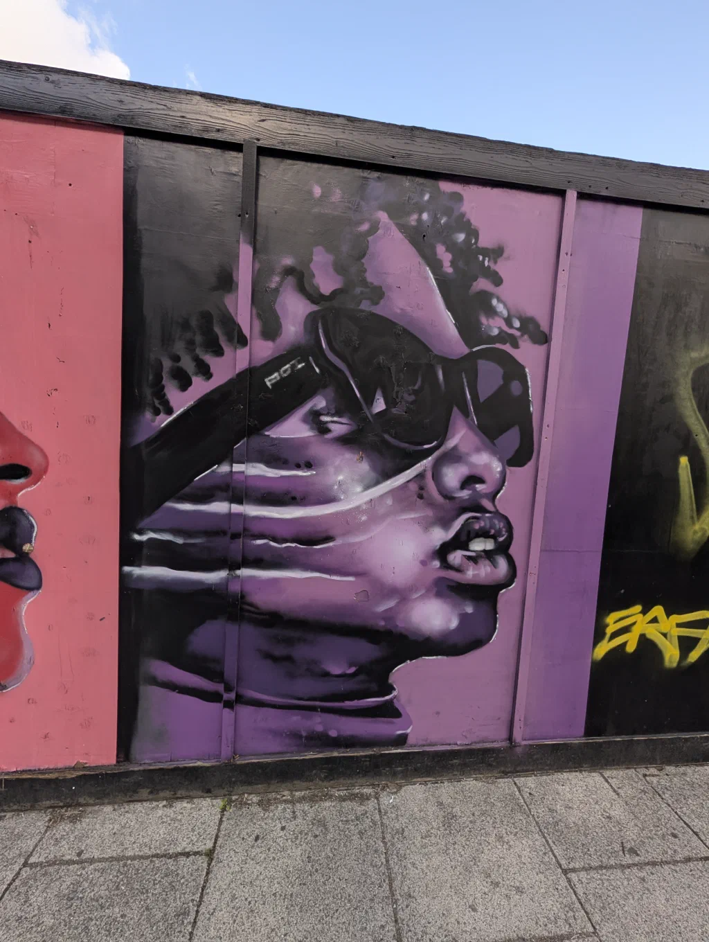 A woman in profile in purple and black, with sunglasses pushed up and streaks across her face.