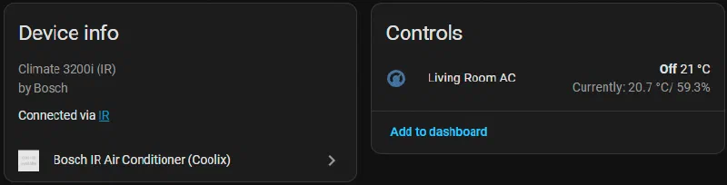 The Living Room AC device page: a Climate 3200i (IR) by Bosch, connected via IR, from the Bosch IR Air Conditioner (Coolix) integration, with the Living Room AC climate entity off at 21 °C and currently 20.7 °C and 59.3% humidity.