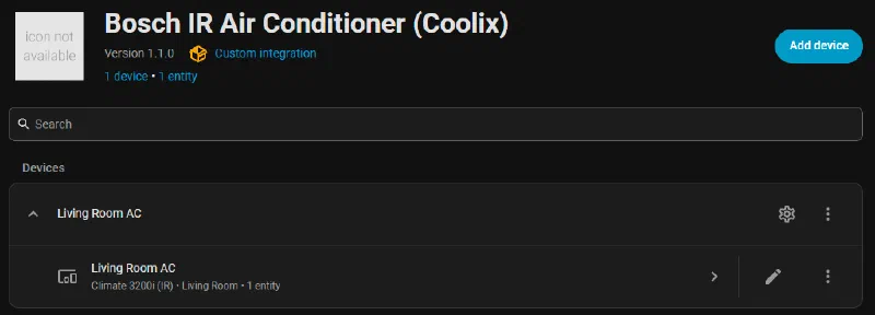 The Home Assistant integration page for Bosch IR Air Conditioner (Coolix), version 1.1.0, marked as a custom integration, with one device: Living Room AC, a Climate 3200i (IR) in the Living Room.