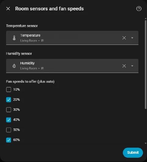 The Room sensors and fan speeds dialog, with Temperature and Humidity from the IR blaster selected, and fan speed checkboxes from 10% upwards with 20%, 40% and 60% ticked.