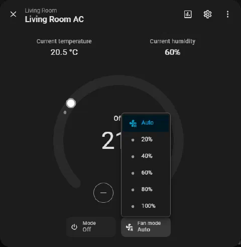 The same thermostat dialog with the fan mode menu open, listing Auto, 20%, 40%, 60%, 80% and 100%.