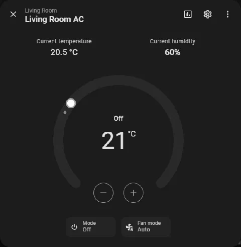 The Living Room AC thermostat dialog in Home Assistant: current temperature 20.5 °C and humidity 60% at the top, a dial set to 21 °C with the mode Off, and Mode and Fan mode buttons underneath.