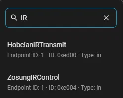 ZHA's cluster picker filtered to IR, listing HobeianIRTransmit (0xed00) and ZosungIRControl (0xe004) on endpoint 1.
