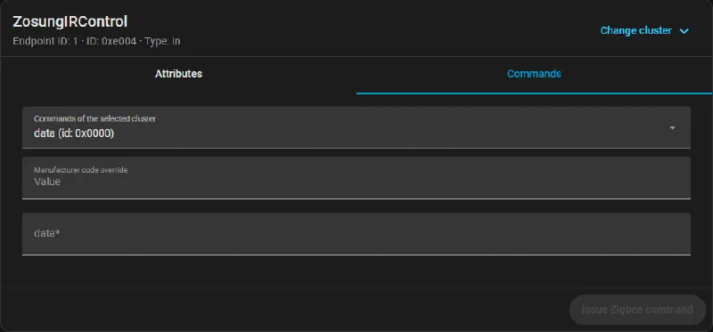 The ZHA Manage Zigbee device page with the ZosungIRControl cluster (0xe004) selected on its Commands tab, with fields for the command data and an Issue Zigbee command button.